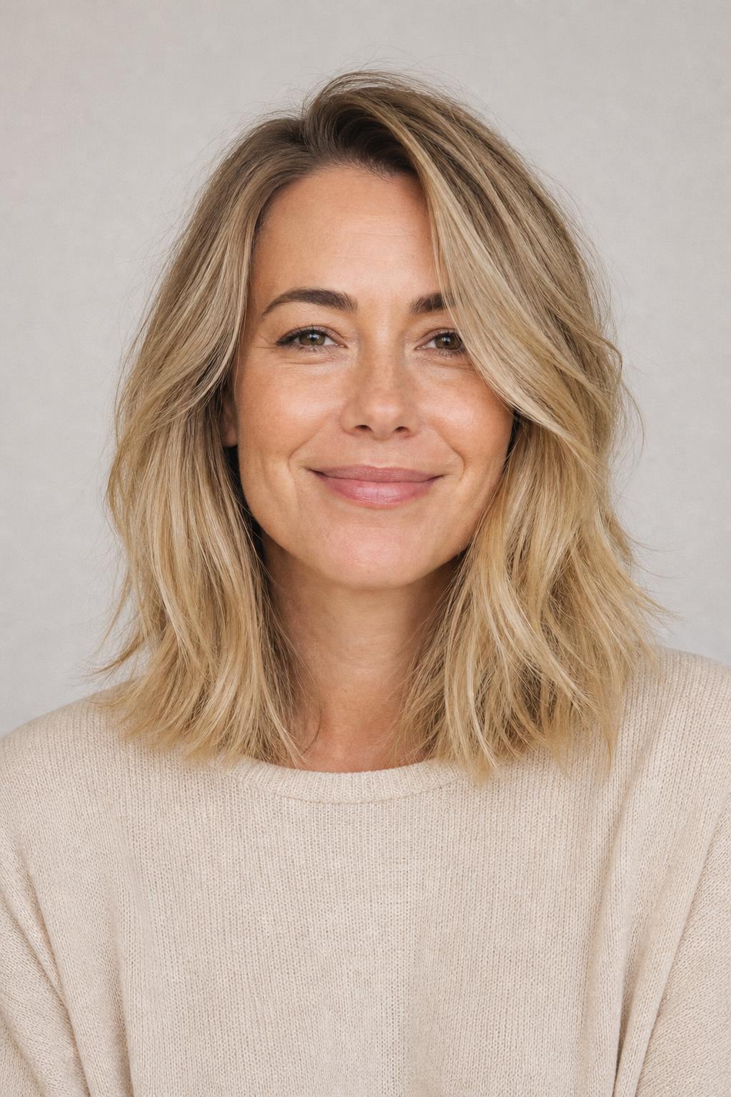 Honey Beige Blonde with Deeper Root for Volume on Fine Shoulder-Length Hair