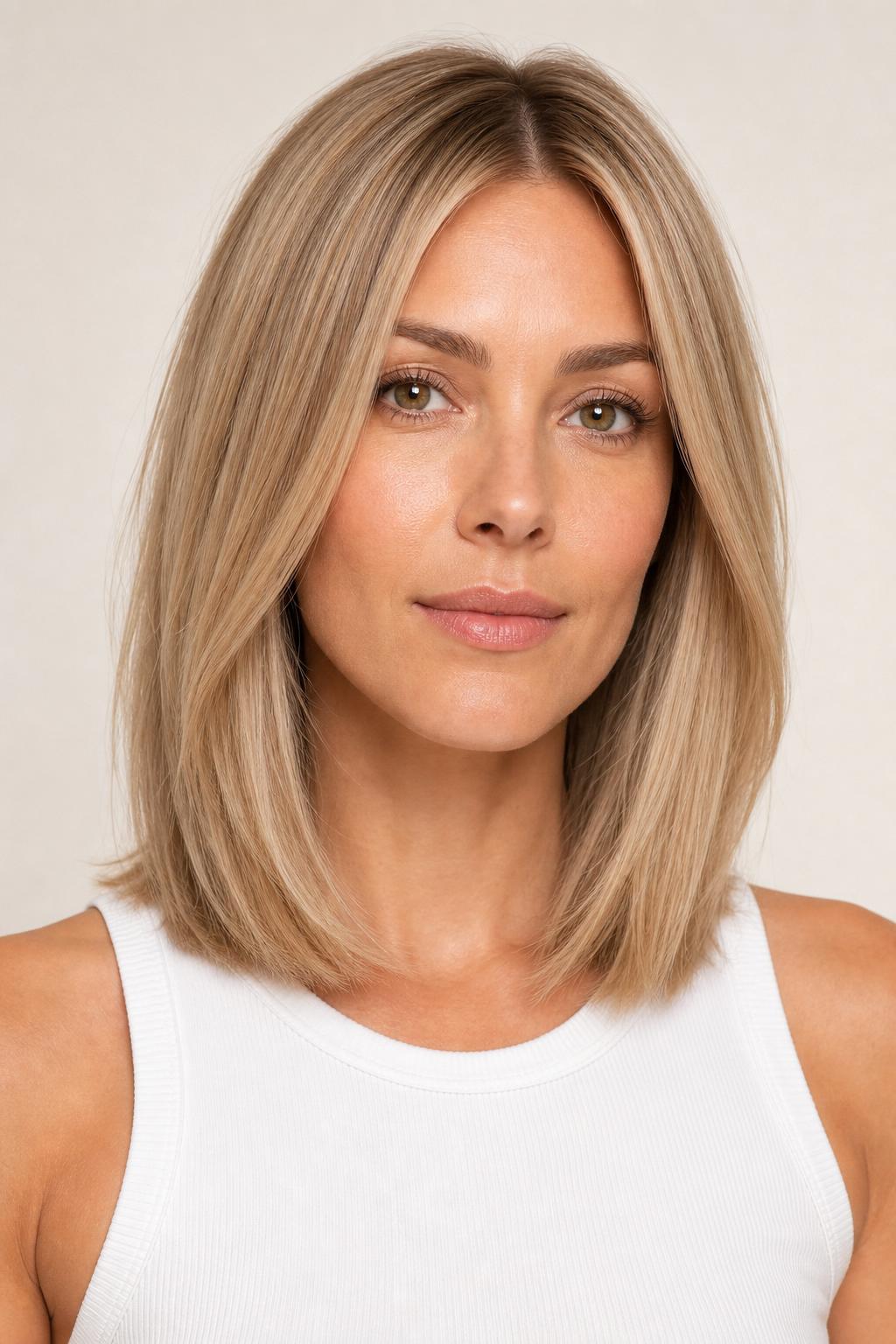 Glossy Honey Beige Blonde with Soft Beige Tone and High Shine on Sleek Lob