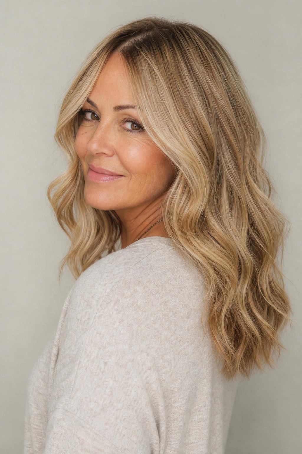 Low-Maintenance Honey Beige Blonde with a Soft Blended Root on Long Wavy Hair