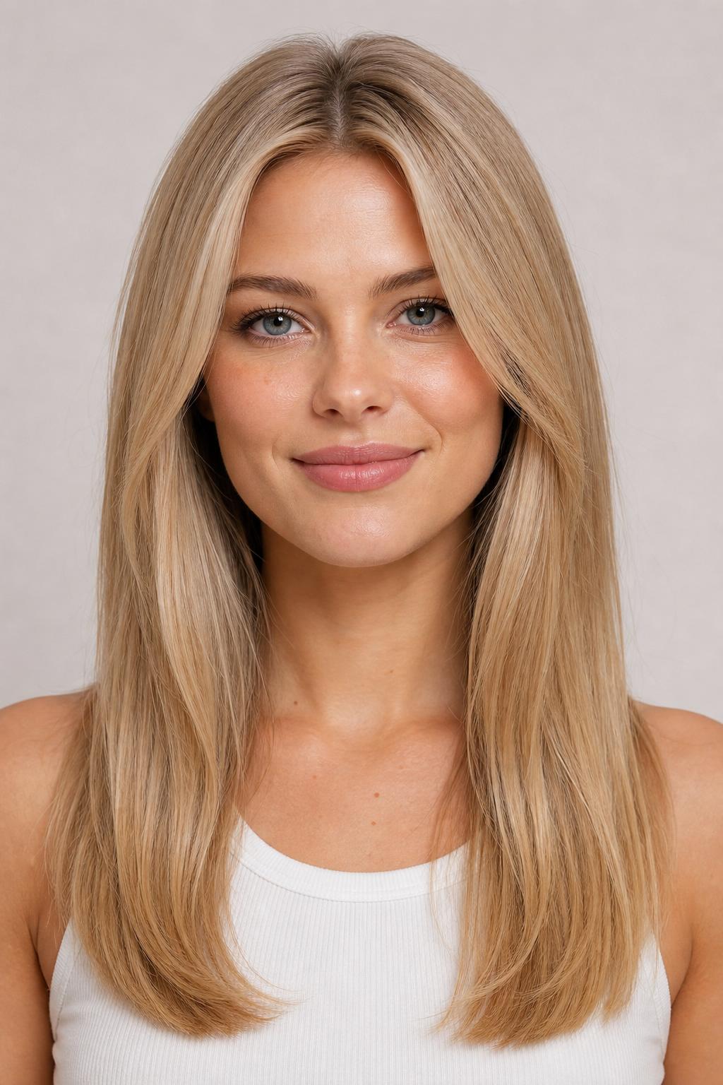 Bright Luminous Honey Beige Blonde at Level 9 on Long Straight Hair