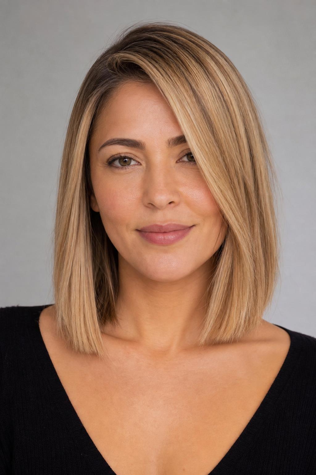 Honey Beige Blonde Lob with Soft Side Part and Blunt Ends on Straight Hair
