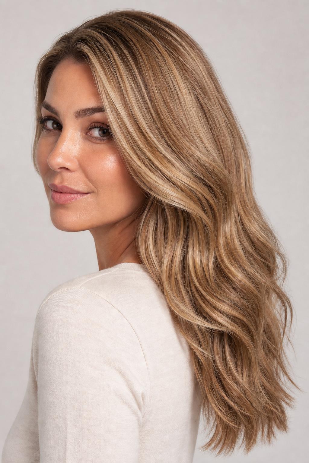 Dimensional Honey Beige Blonde with Beige-Brown Lowlights on Thick Long Hair