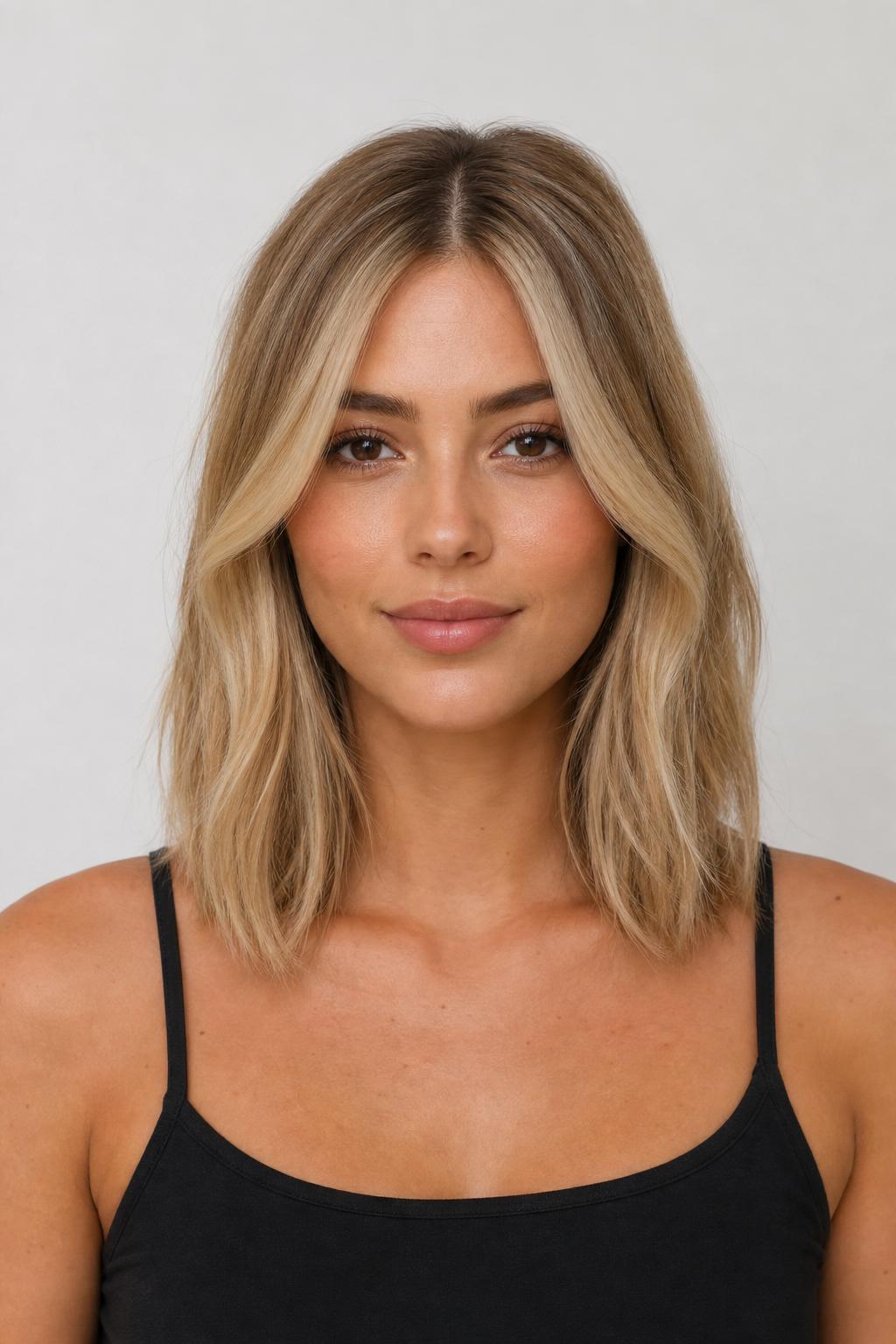 Honey Beige Blonde with Brighter Face-Framing Money Piece on Collarbone Hair