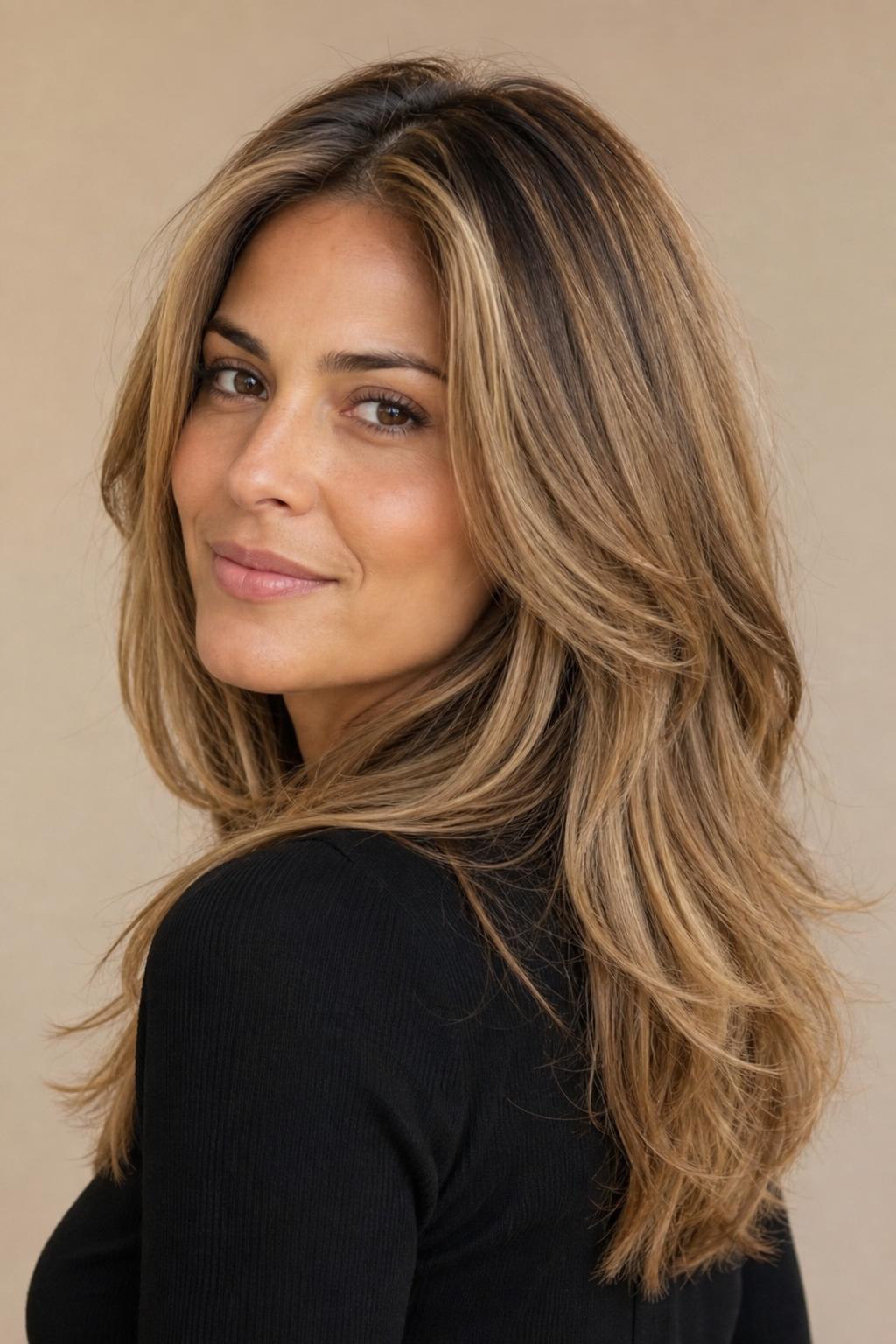 Warm Honey Beige Blonde on Olive Skin with Soft Beige Dimension and Long Layers