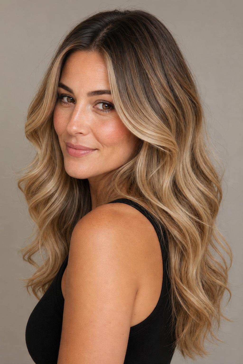 Rooted Honey Beige Blonde with Dark Shadow Root on Long Wavy Hair