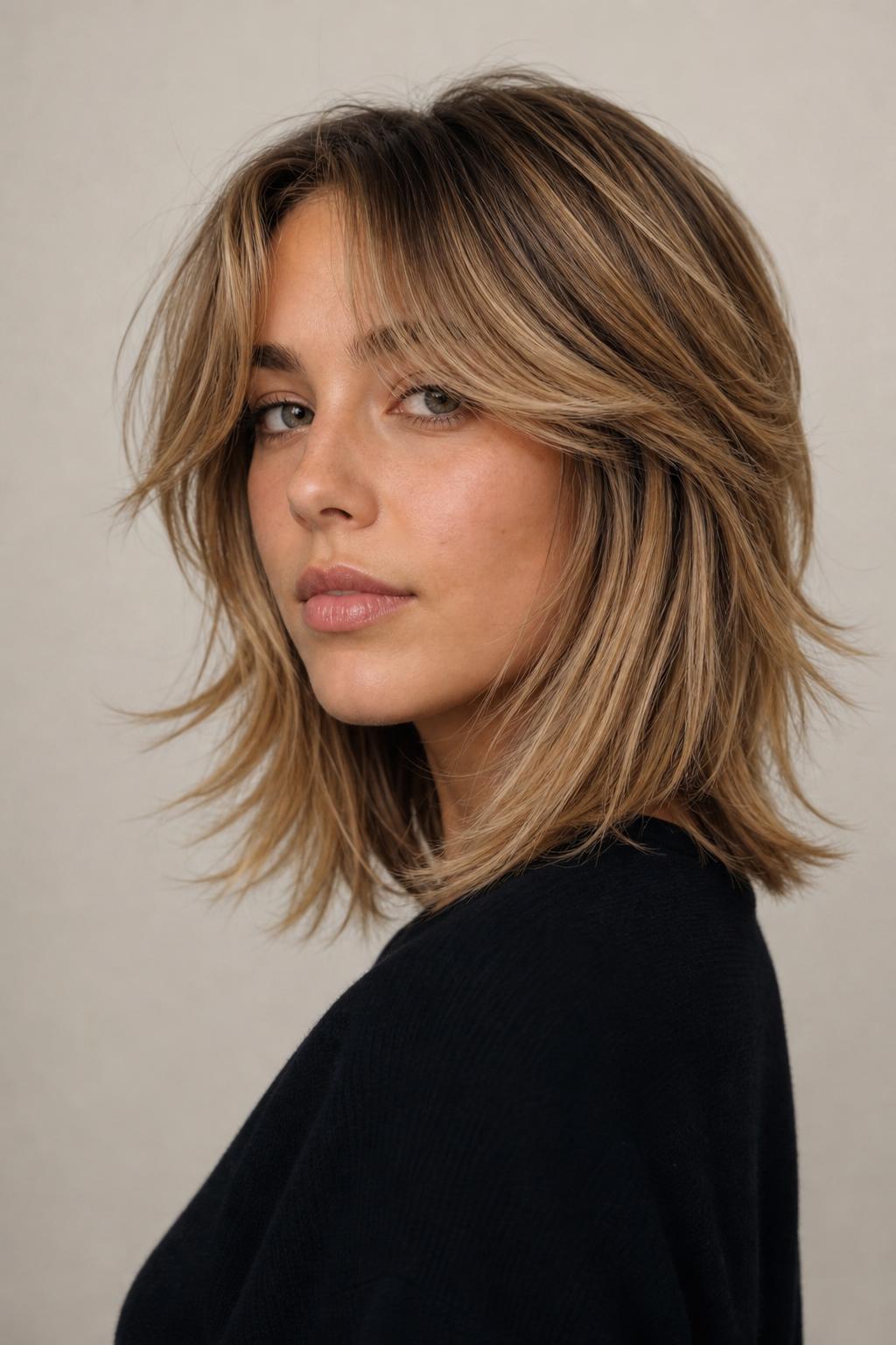Honey Beige Blonde on a Layered Shag with Textured Flicked Ends on Medium Hair
