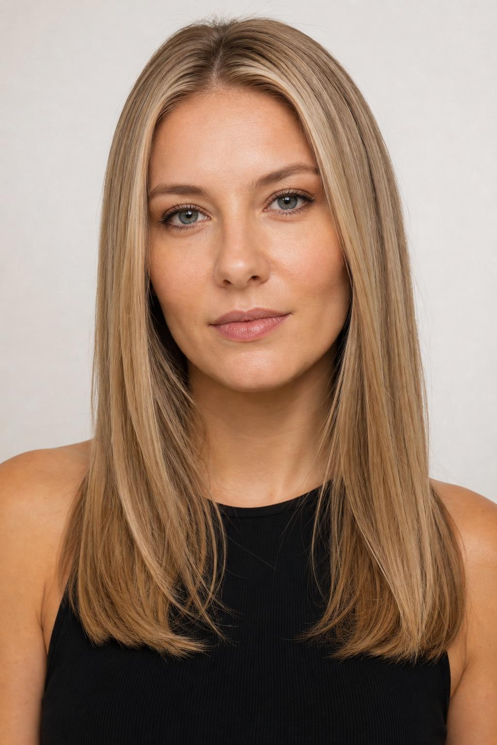 Sleek Glossy Honey Beige Blonde Blowout on Long Straight Hair