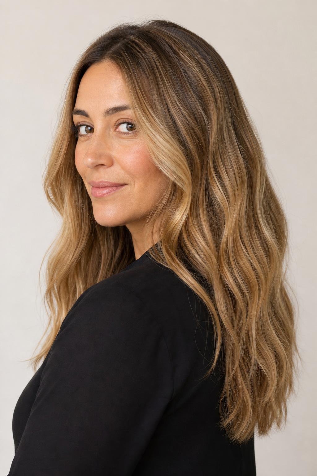 Warm-Neutral Honey Beige Blonde with a Softer Sandy Tone on Long Hair