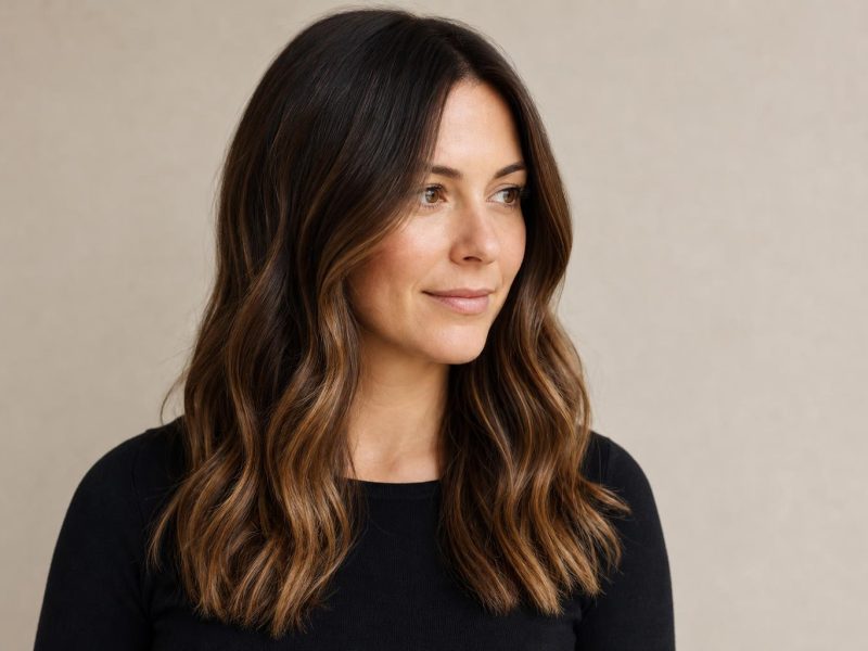 Soft Lived-In Balayage with a Seamless Blend on Mid-Length Brown Wavy Hair