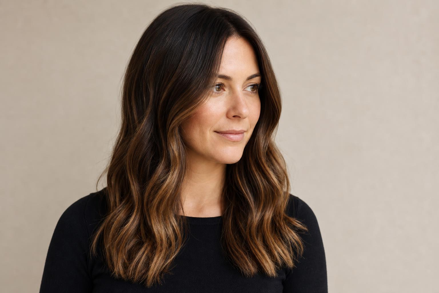 Soft Lived-In Balayage with a Seamless Blend on Mid-Length Brown Wavy Hair
