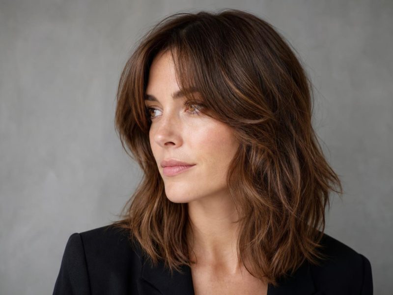 Curtain Bangs Parted in the Center Sweeping Past the Cheekbones on Wavy Brunette Hair