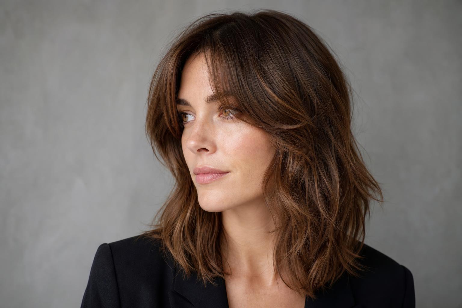 Curtain Bangs Parted in the Center Sweeping Past the Cheekbones on Wavy Brunette Hair