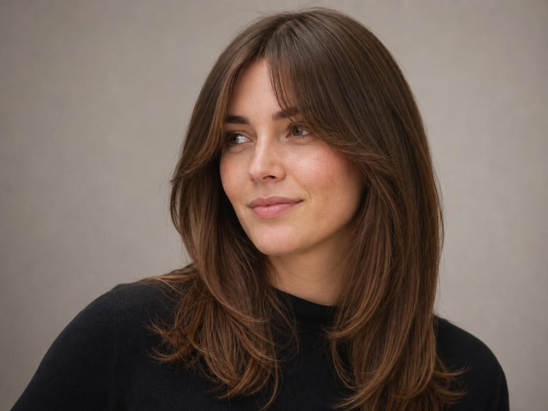 Fresh Clean Curtain Bangs Blow-Dried Away from the Forehead on Light Brown Hair