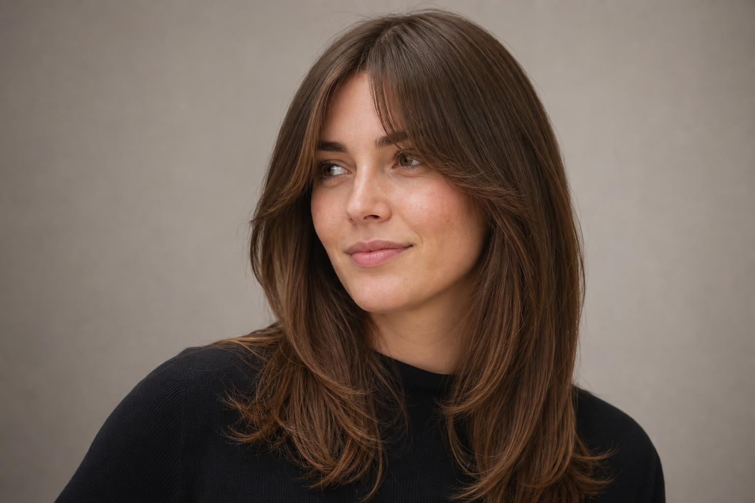 Fresh Clean Curtain Bangs Blow-Dried Away from the Forehead on Light Brown Hair