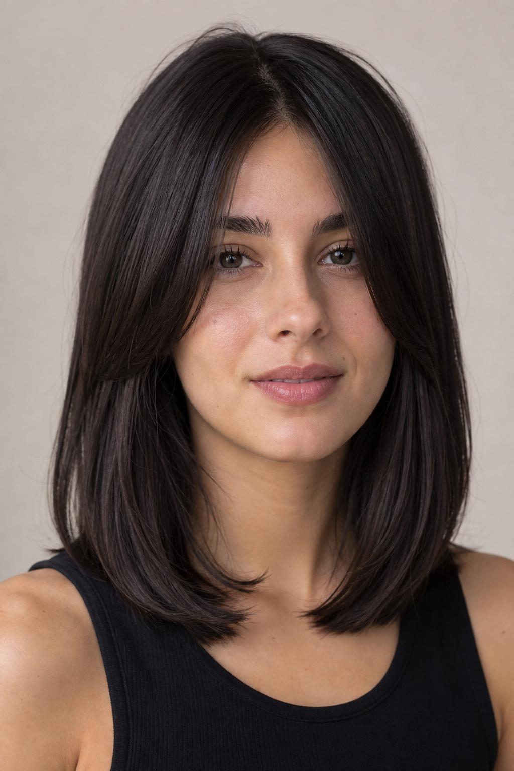 Iced Espresso Brunette with a Cool Ashy Undertone on Straight Dark Hair