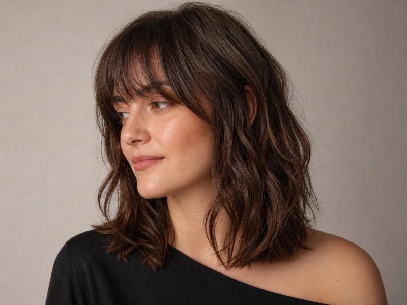 Italian Fringe with Soft Airy Ends at Eyebrow Length on Wavy Dark Hair
