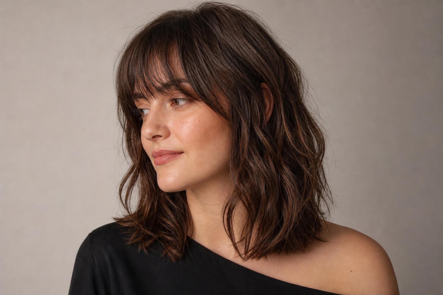 Italian Fringe with Soft Airy Ends at Eyebrow Length on Wavy Dark Hair
