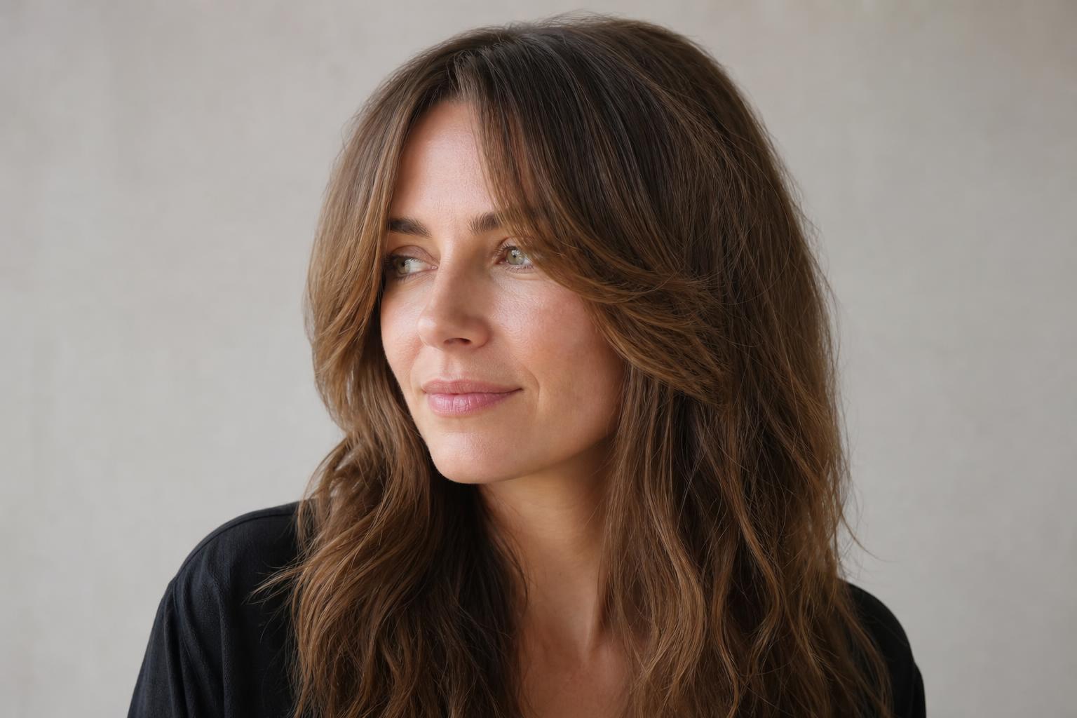 Long Curtain Bangs with a Few Soft Layers Feathering Toward the Jaw on Wavy Hair