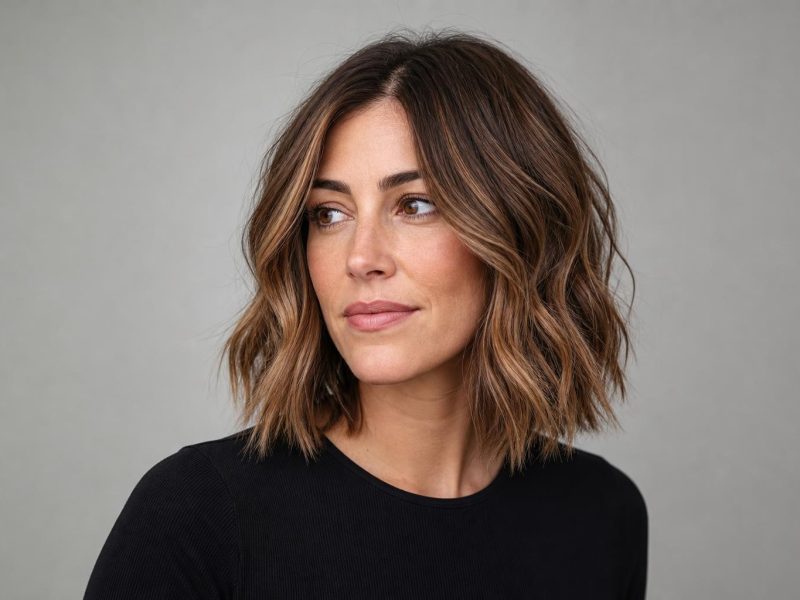 Dimensional Bronde Hair Blending Lighter Highlights and Darker Lowlights on Wavy Mid-Length Hair