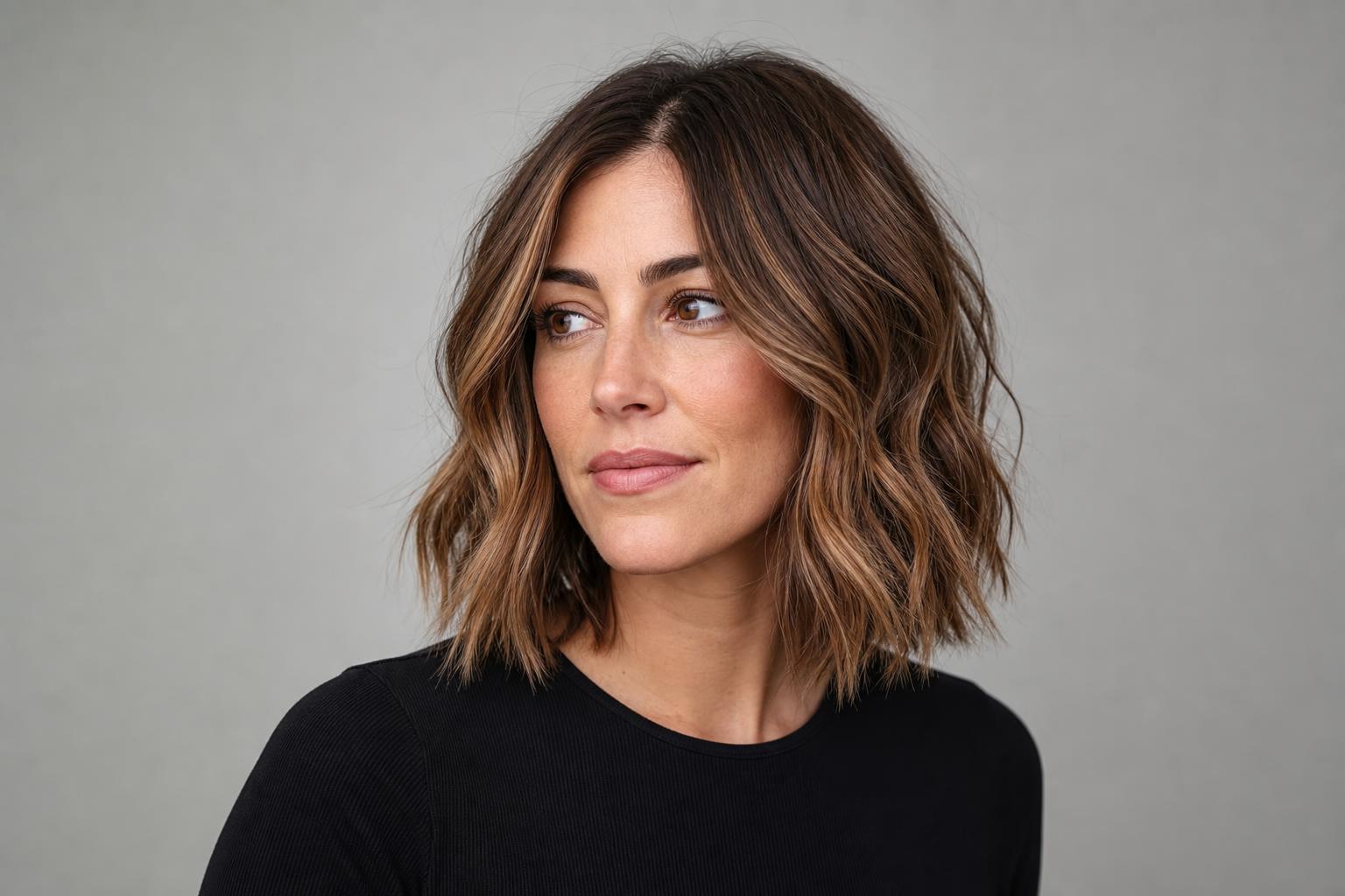 Dimensional Bronde Hair Blending Lighter Highlights and Darker Lowlights on Wavy Mid-Length Hair