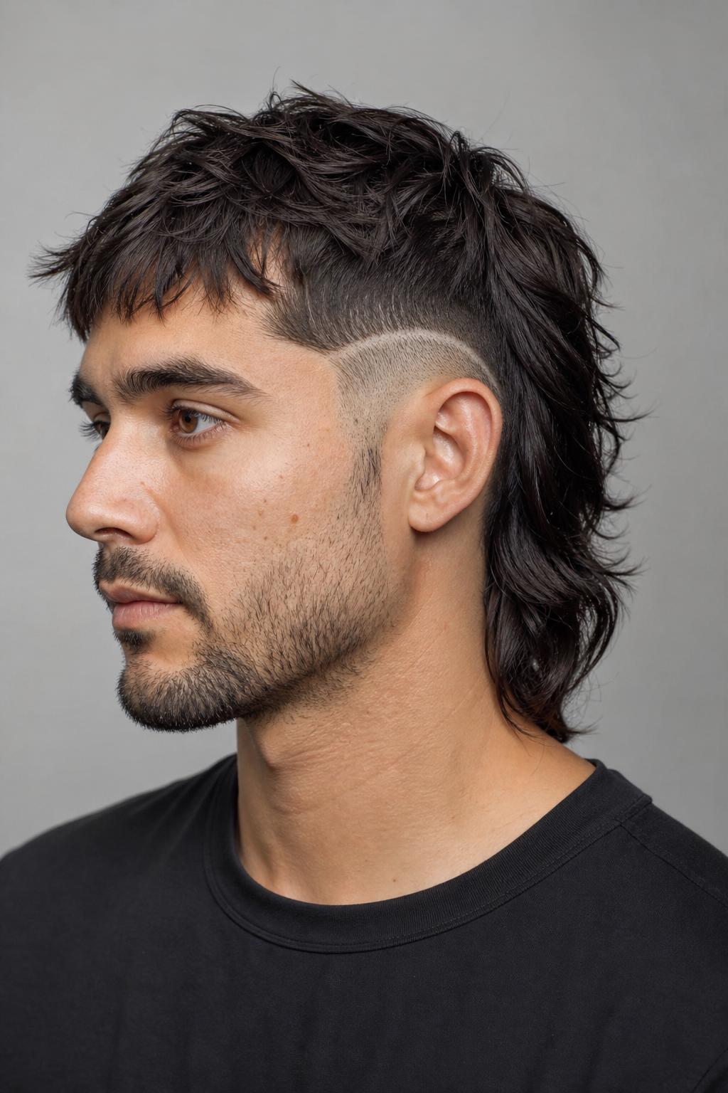Burst Fade Mullet with a Curved Ear Arc