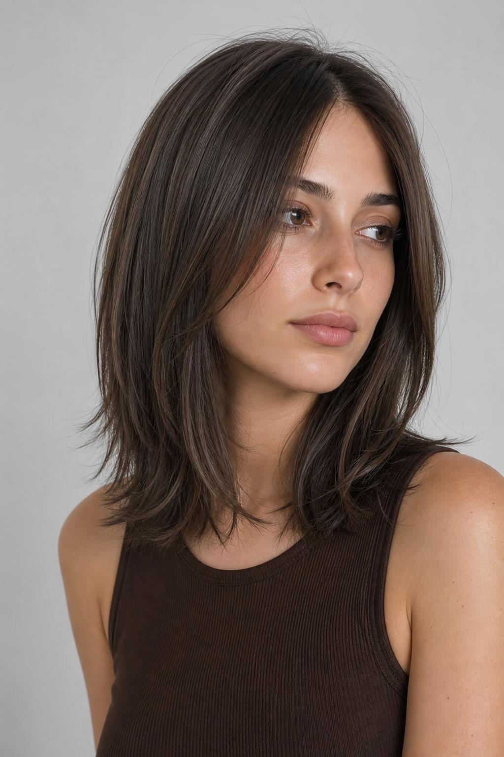 Mushroom Espresso Brunette with a Smoky Taupe-Gray Undertone on Straight Hair