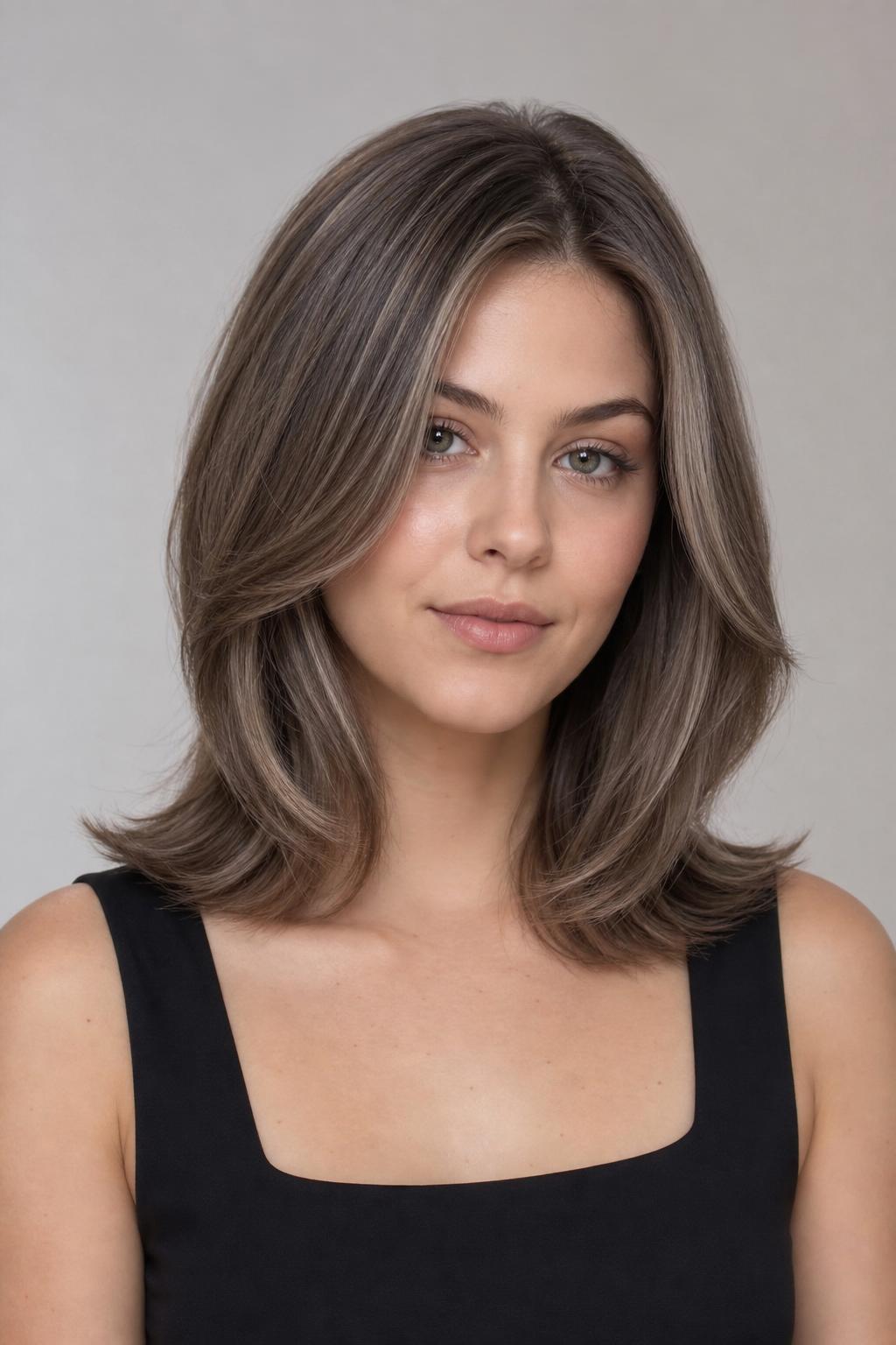 Mushroom Taupe with Fine Cool Beige Babylights and Soft Dimension on Shoulder-Length Hair