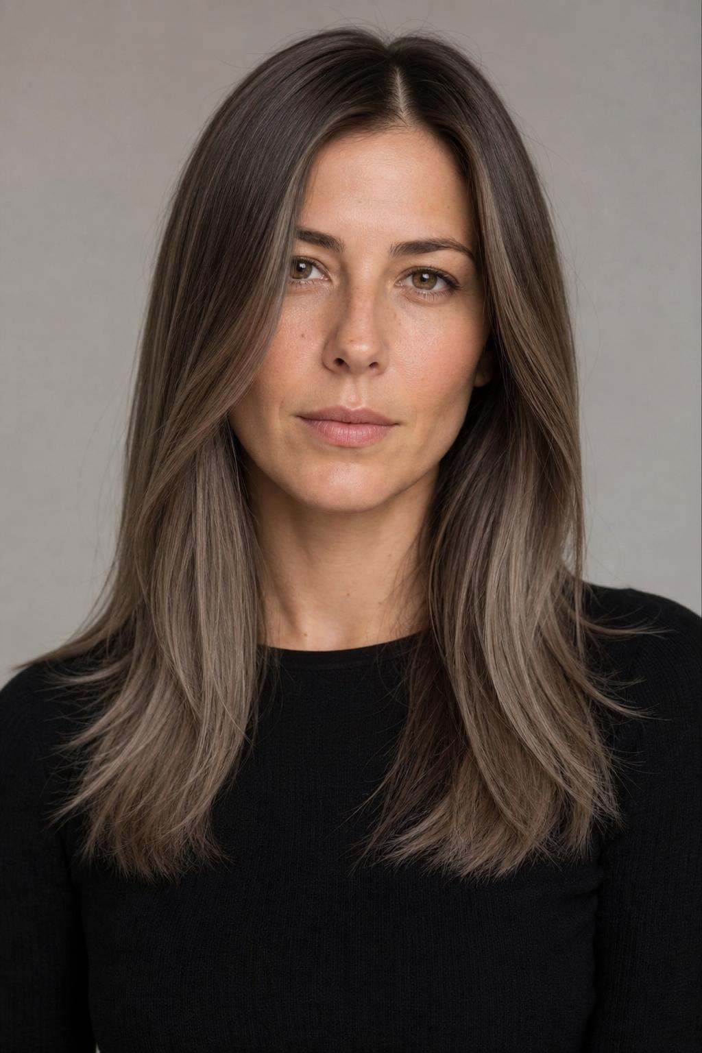 Cool Greige Mushroom Taupe Balayage with Soft Root on Long Straight Hair