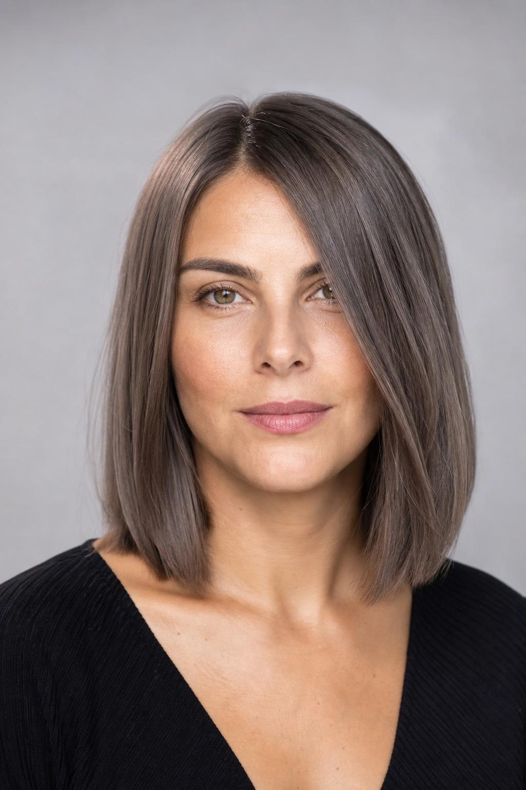Glossy Mushroom Taupe with Cool Blue-Based Tone and High Shine on Sleek Lob
