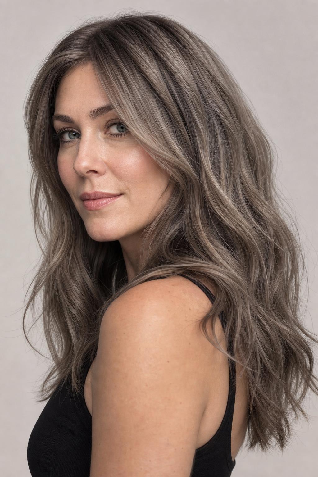 Brass-Corrected Mushroom Taupe with Clean Cool Greige Tone on Long Wavy Hair