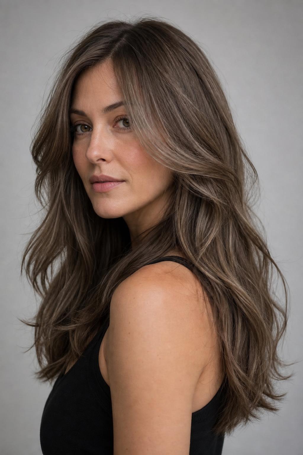 Mushroom Taupe with Smoky Cool Dimension on Thick Coarse Long Hair