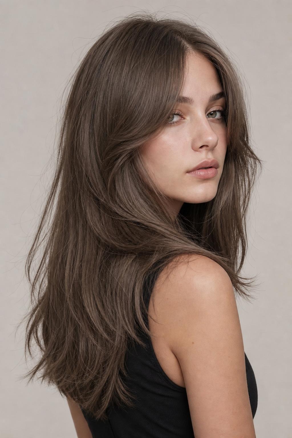 Mushroom Taupe Hair on Cool Fair Skin with Smoky Greige Tone and Long Layers