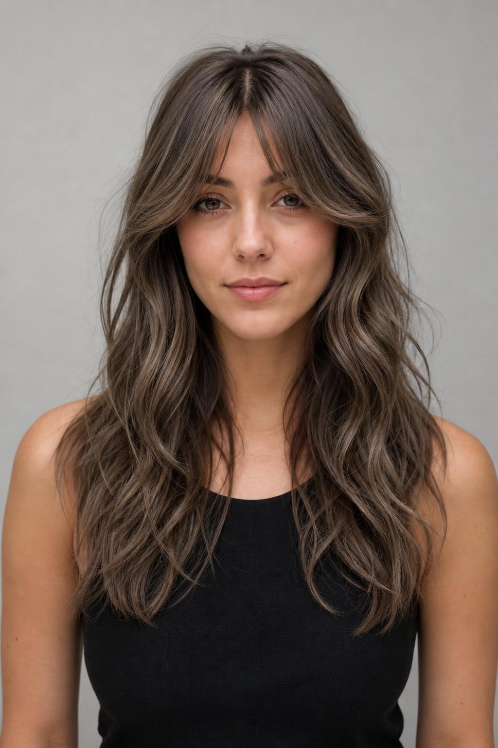 Mushroom Taupe with Soft Curtain Bangs and Cool Face-Framing on Long Waves