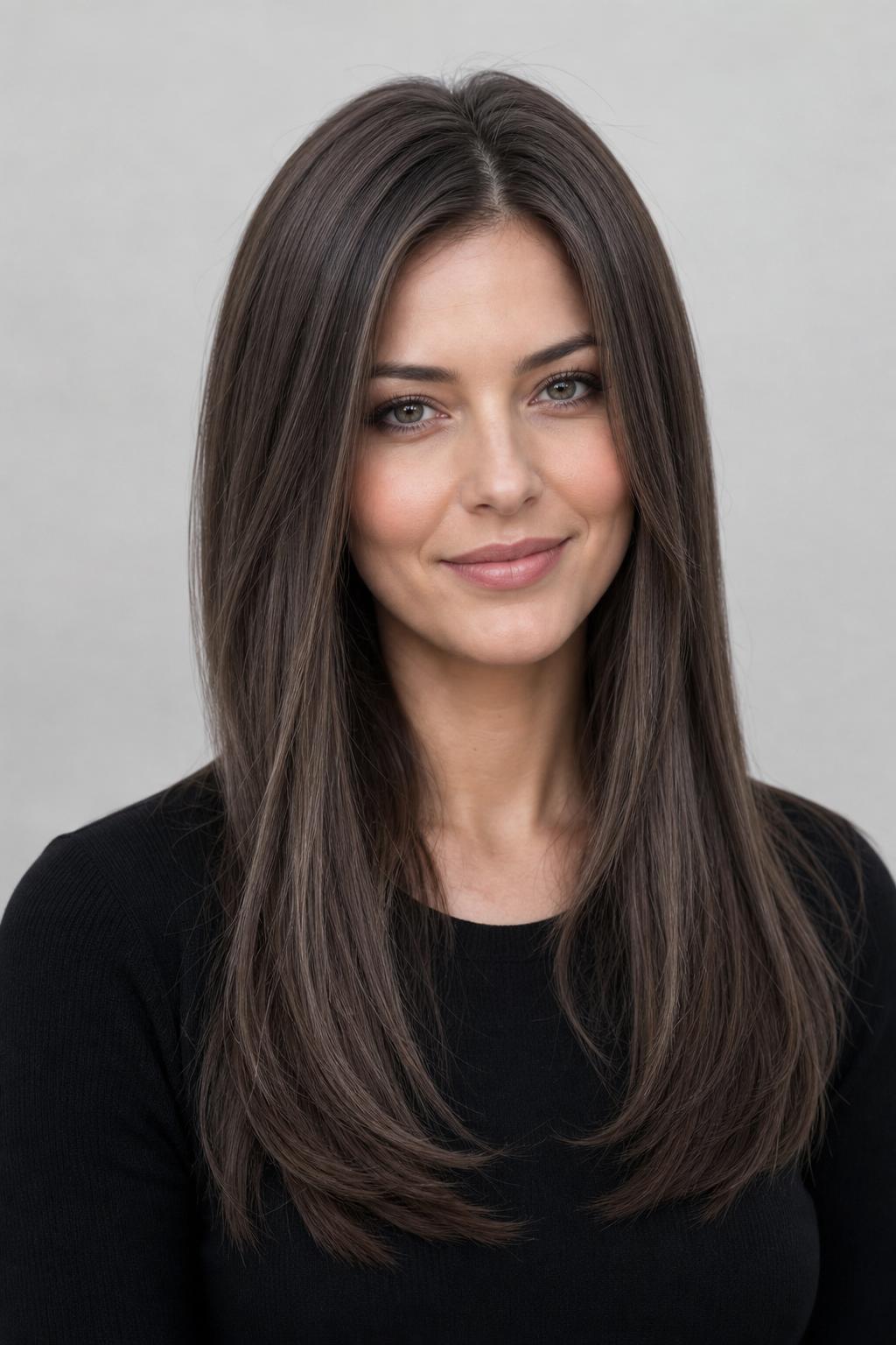 Deep Mushroom Taupe on a Dark Brown Base with Cool Smoky Tone on Long Hair