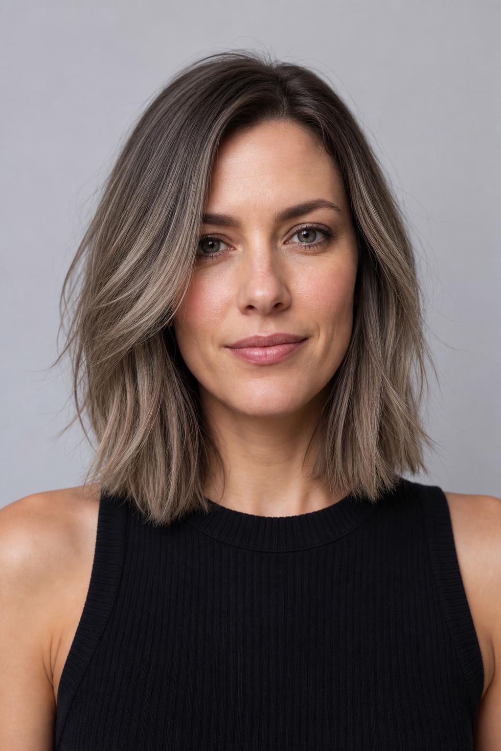 Mushroom Taupe with Deeper Cool Root for Volume on Fine Shoulder-Length Hair
