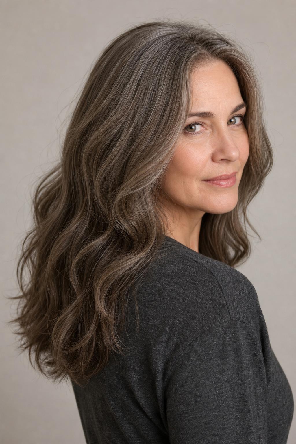 Mushroom Taupe Blending Natural Gray into Cool Greige on Long Wavy Hair