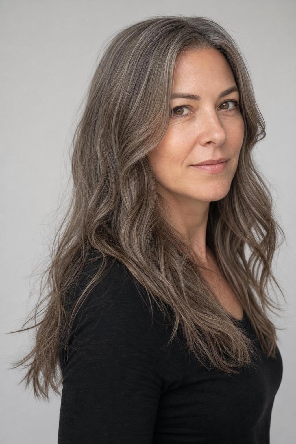 Low-Maintenance Mushroom Taupe with Soft Blended Cool Root on Long Wavy Hair