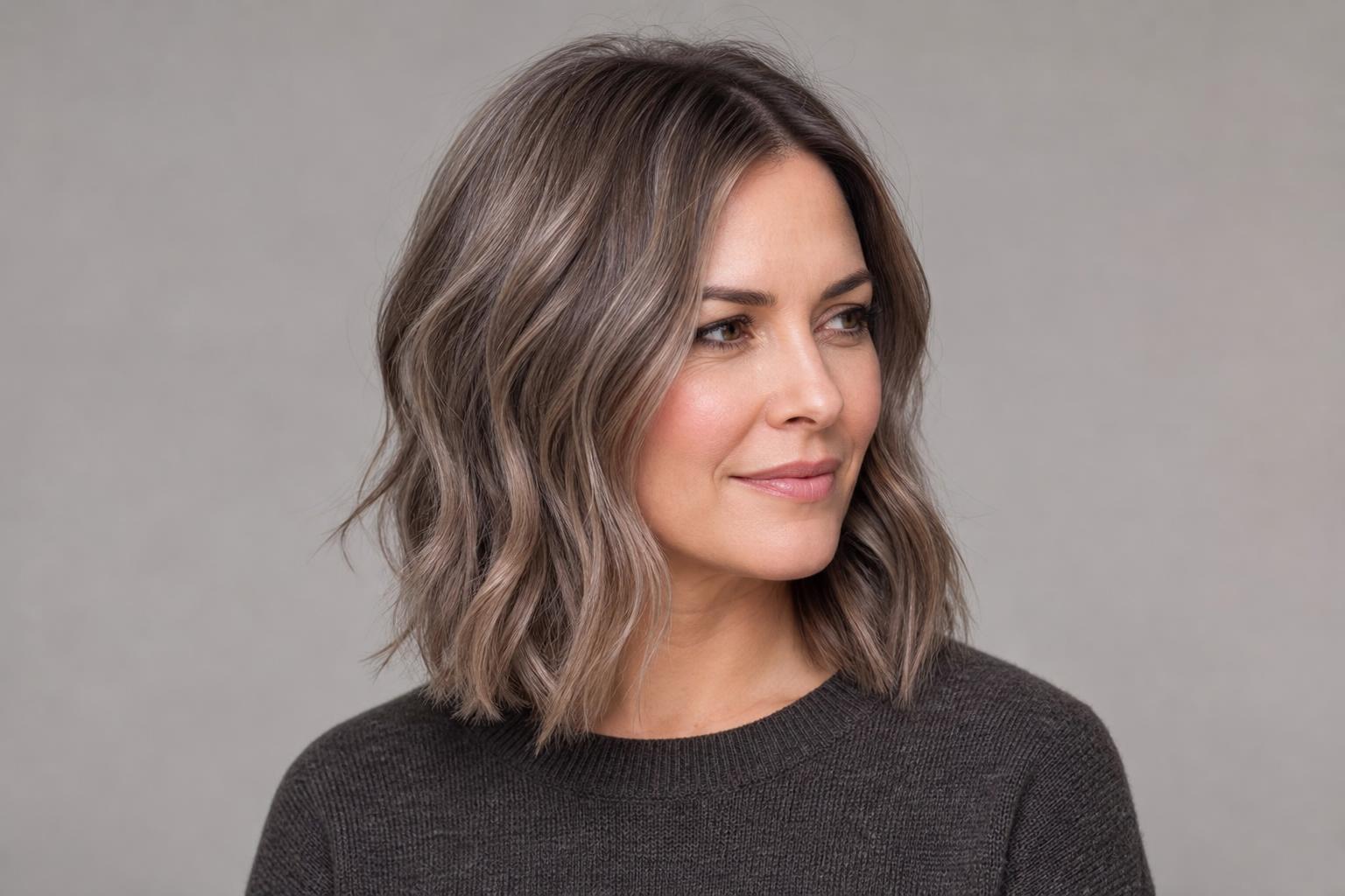 Mushroom Taupe Hair with Greige Blend and Soft Root on Wavy Hair