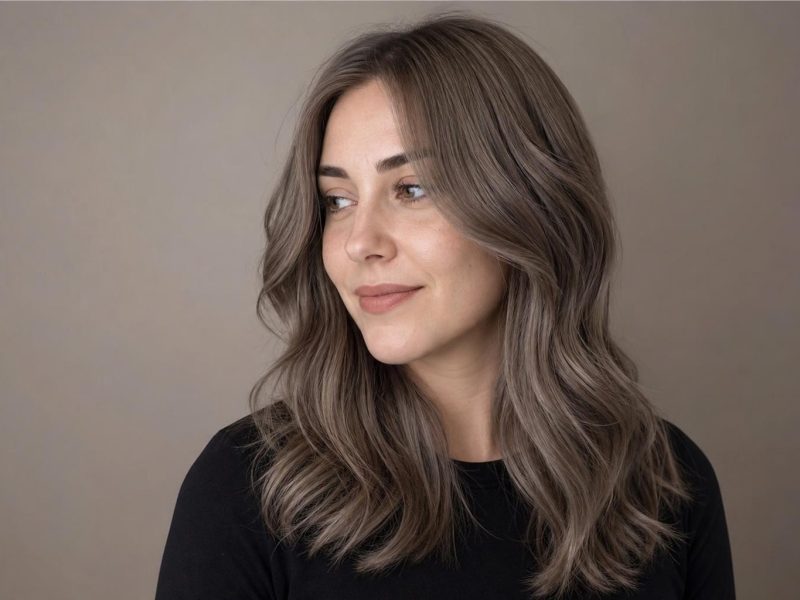 Mushroom Taupe Hair with Cool Greige Dimension on Long Soft Waves