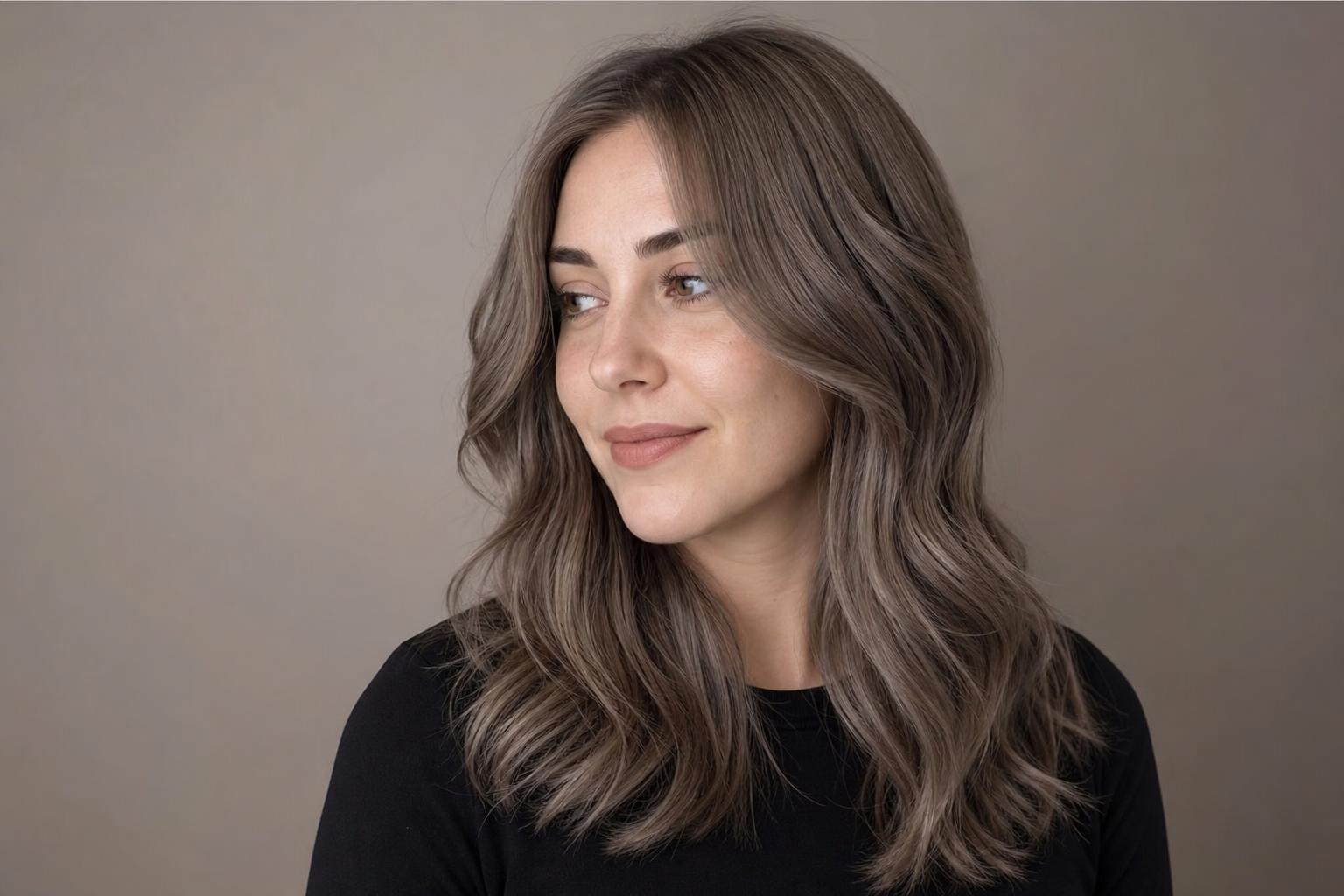 Mushroom Taupe Hair with Cool Greige Dimension on Long Soft Waves