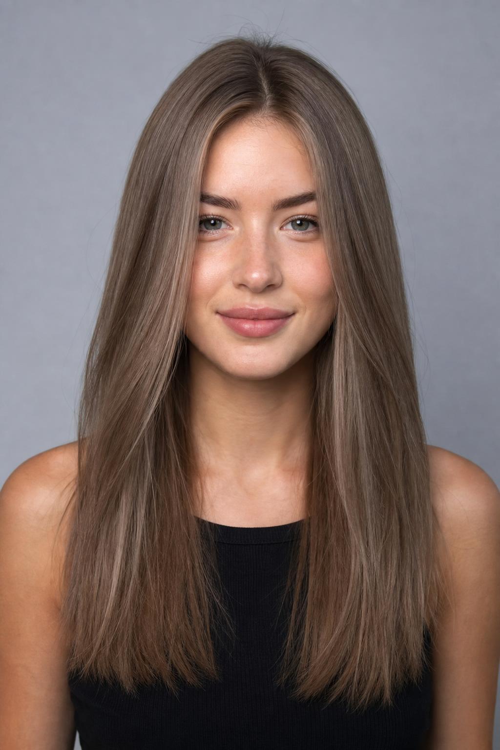 Lifted Greige Mushroom Taupe with Cool Brightness on Long Straight Hair