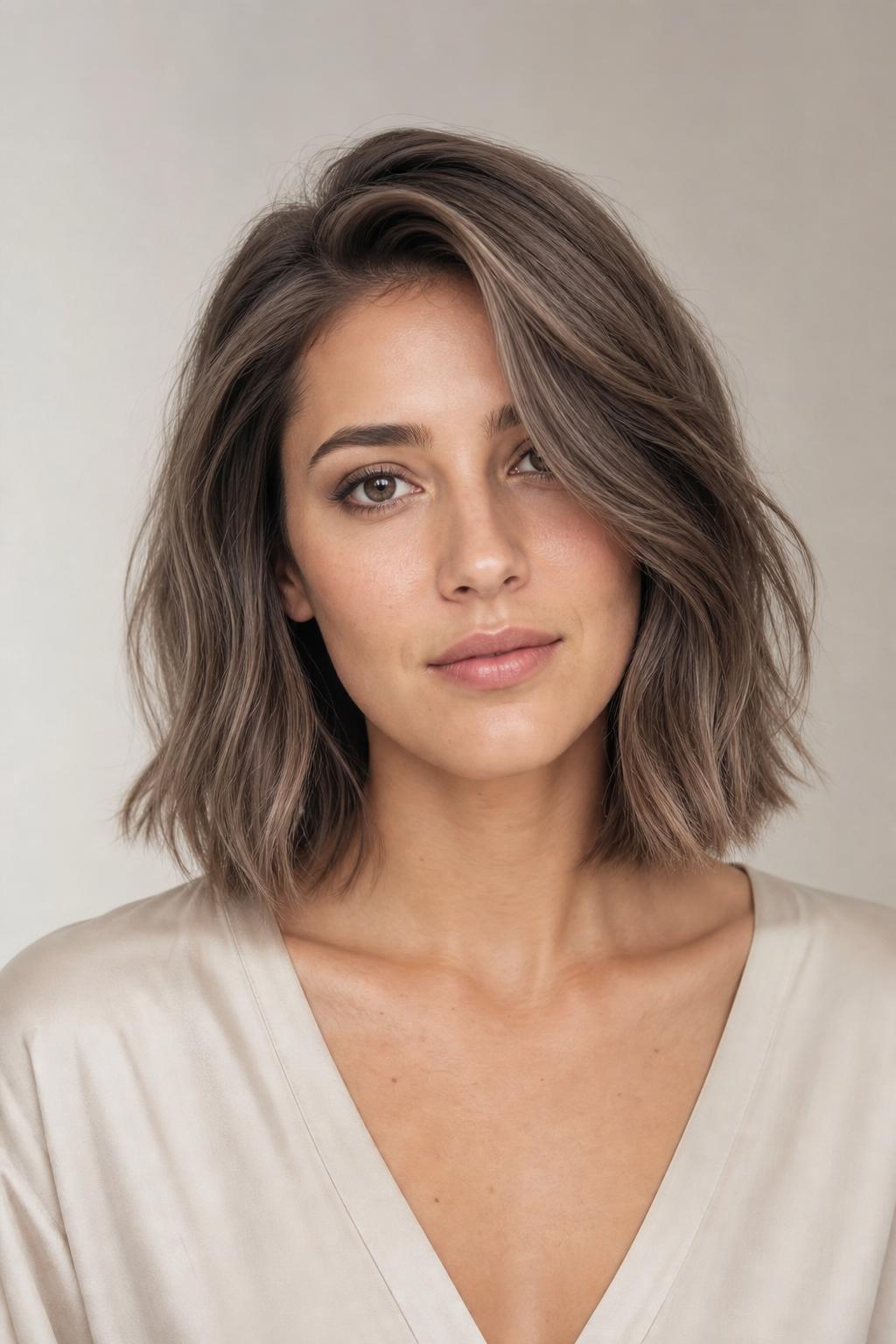 Mushroom Taupe Lob with Cool Greige Dimension and Soft Side Part on Straight Hair