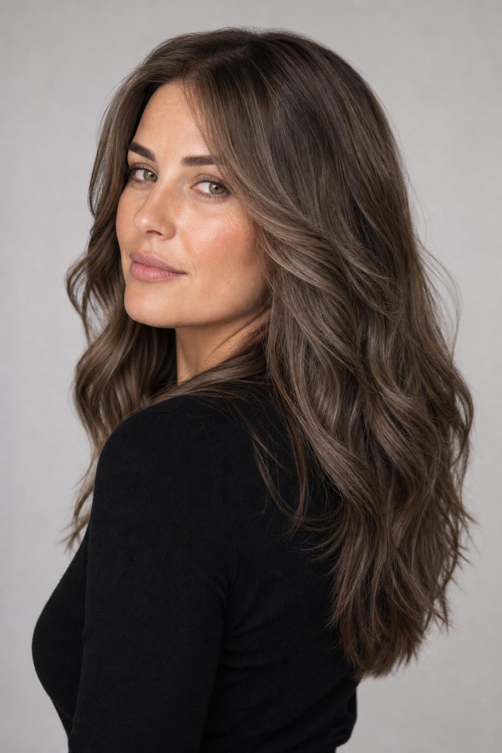 Dimensional Mushroom Taupe with Cool Brown Lowlights on Thick Long Hair