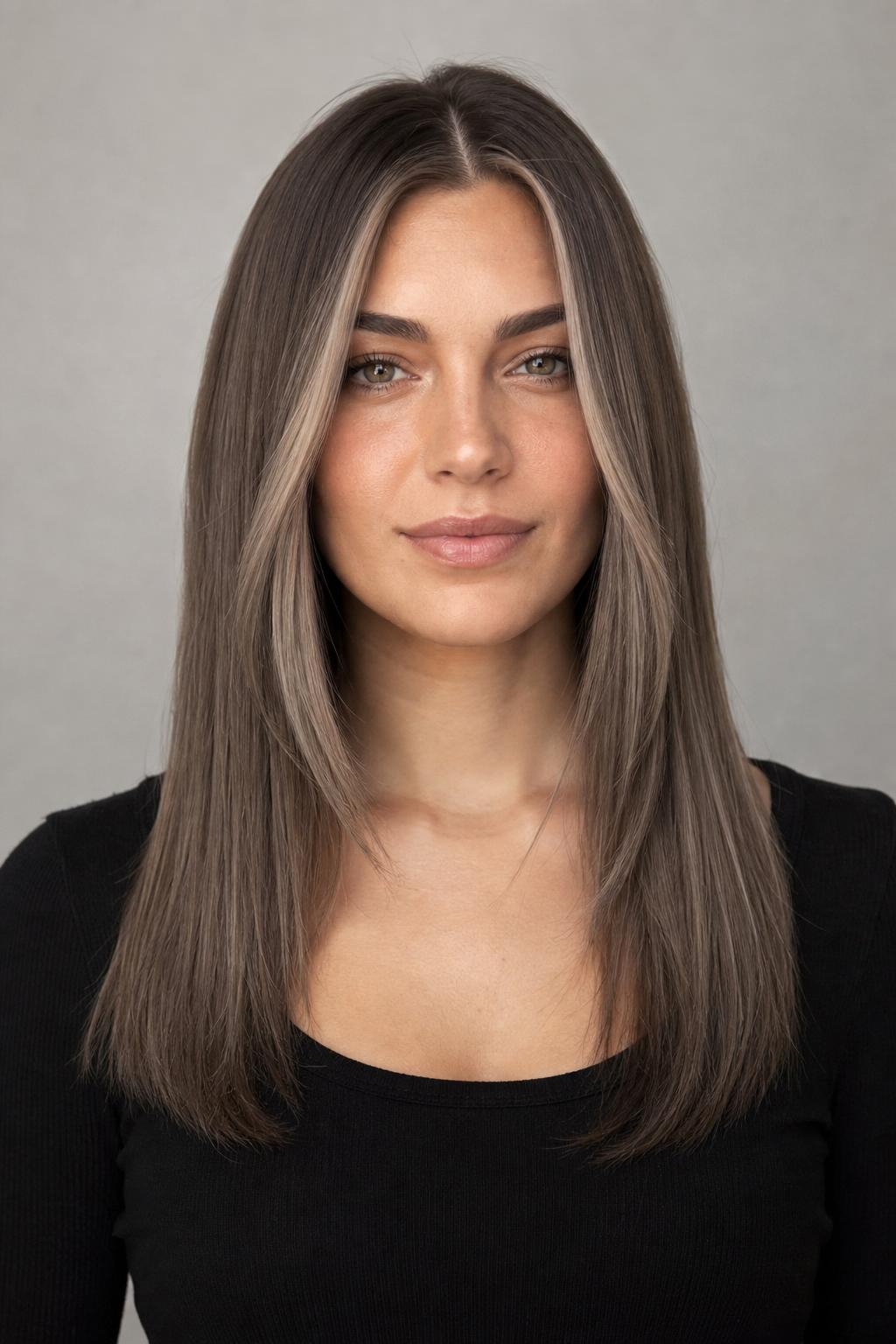 Mushroom Taupe with Cool Beige Money Piece Framing the Face on Long Hair