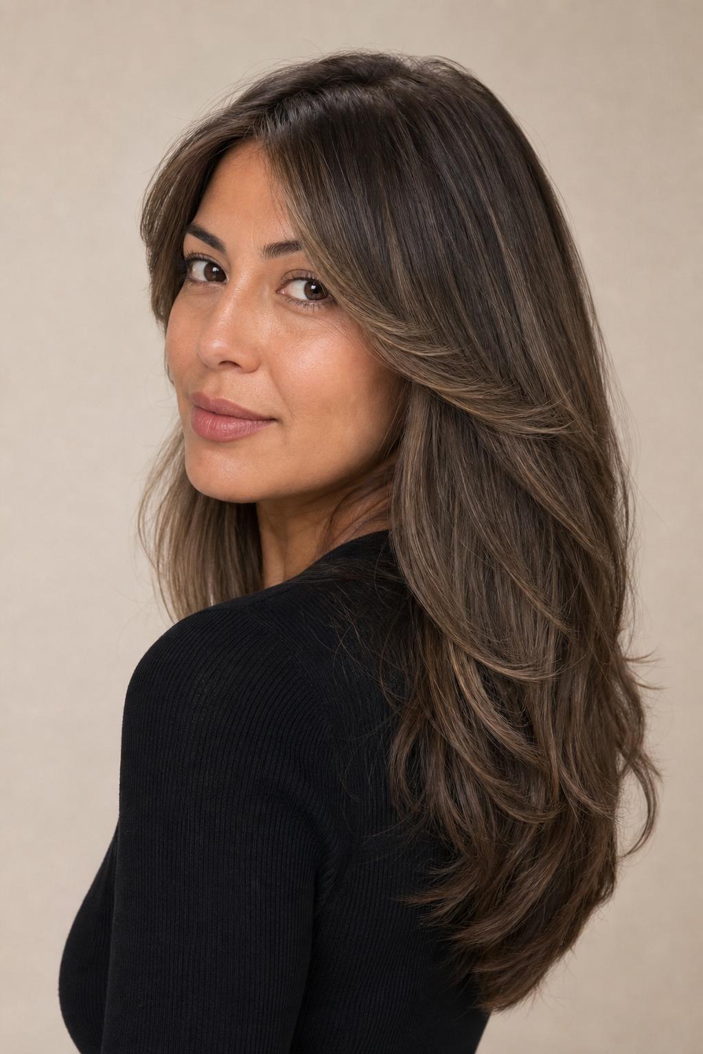 Neutral Mushroom Taupe on Olive Skin with Soft Face-Framing on Long Layers