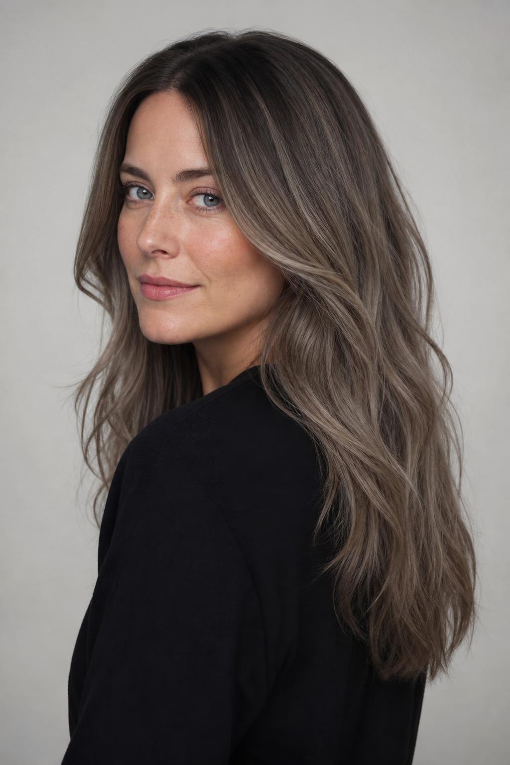 Rooted Mushroom Taupe Melt with Cool Dark Root on Long Wavy Hair