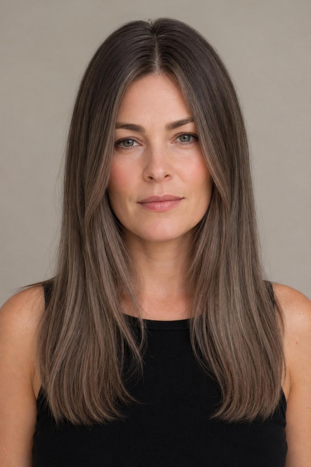 Mushroom Taupe with Cool Shadow Root and Smoky Greige Lengths on Long Hair