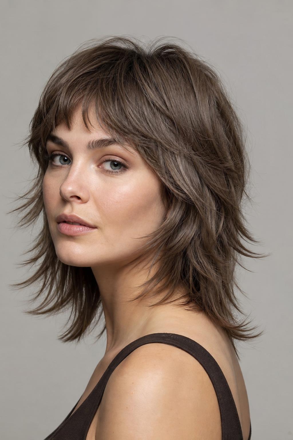 Mushroom Taupe on a Layered Shag with Cool Flicked Ends on Medium Hair