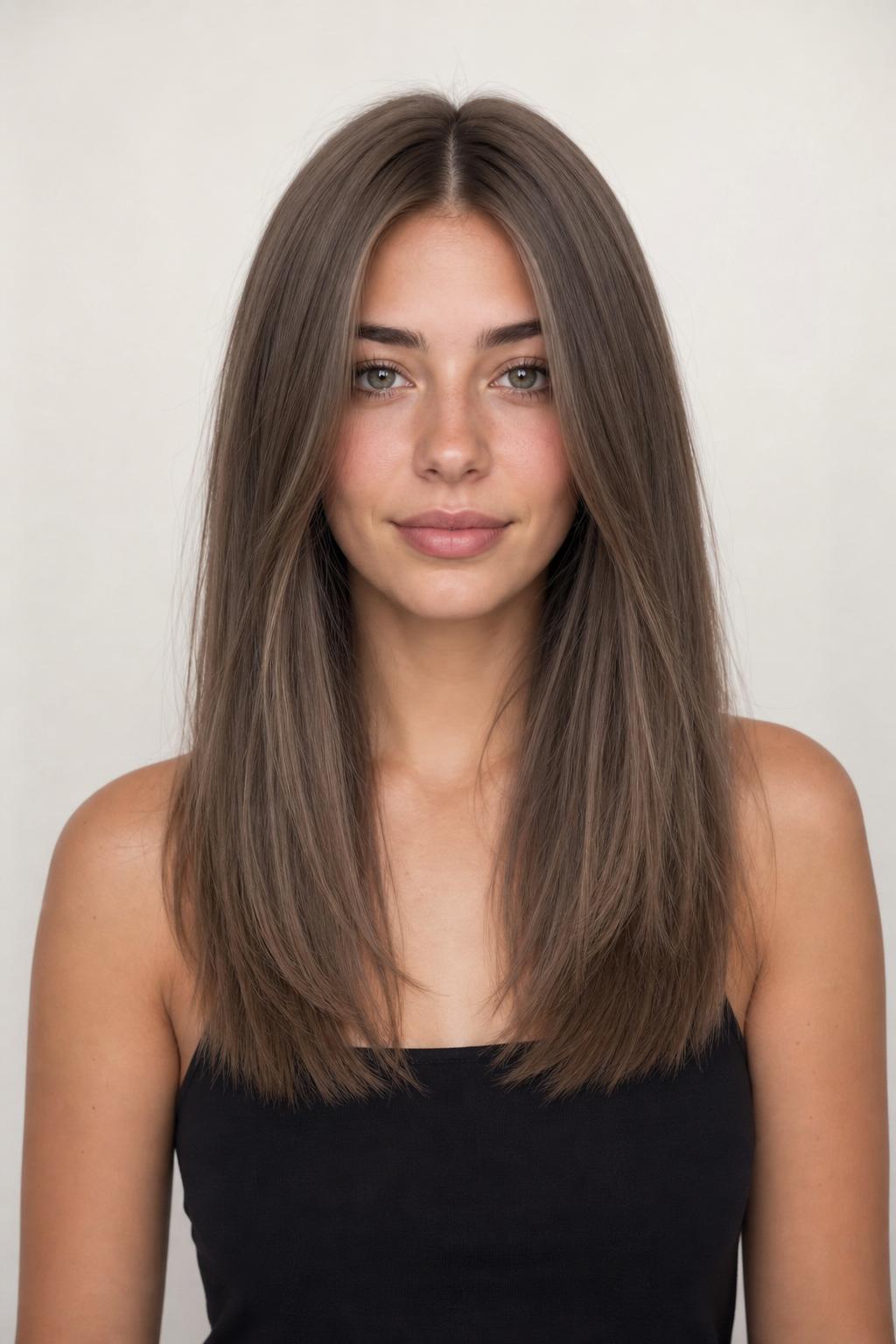 Soft Dimensional Mushroom Taupe with Greige Variation on Long Straight Hair