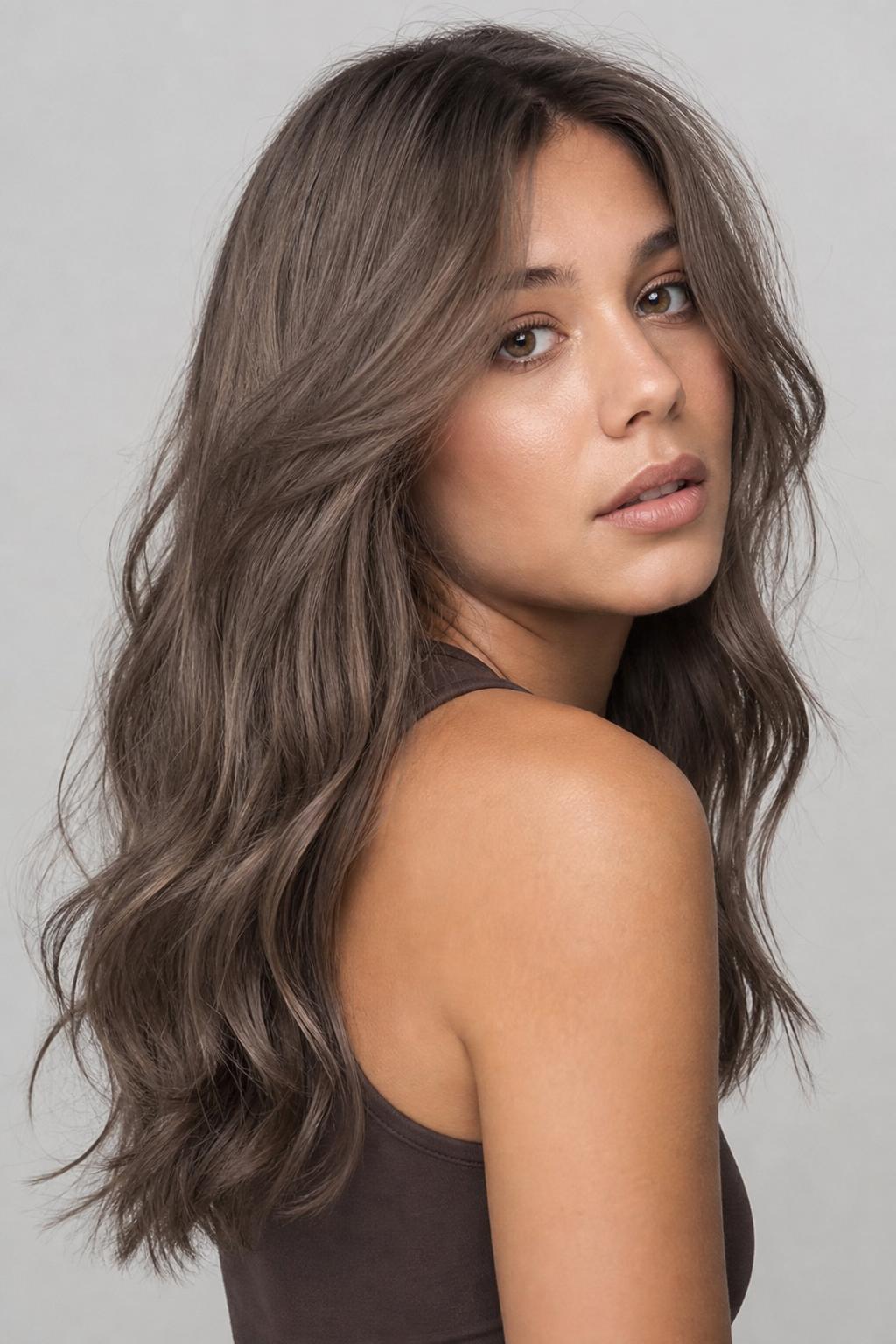 Smoky Greige Mushroom Taupe with a Softer Gray-Beige Tone on Long Hair